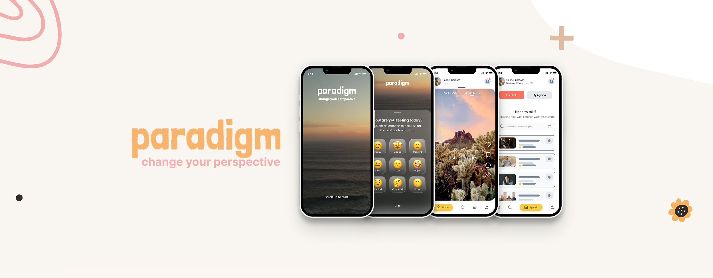 Paradigm — Change your perspective. Brand illustration with four app screens showing onboarding, mood selection, content feed, and wellness agenda.