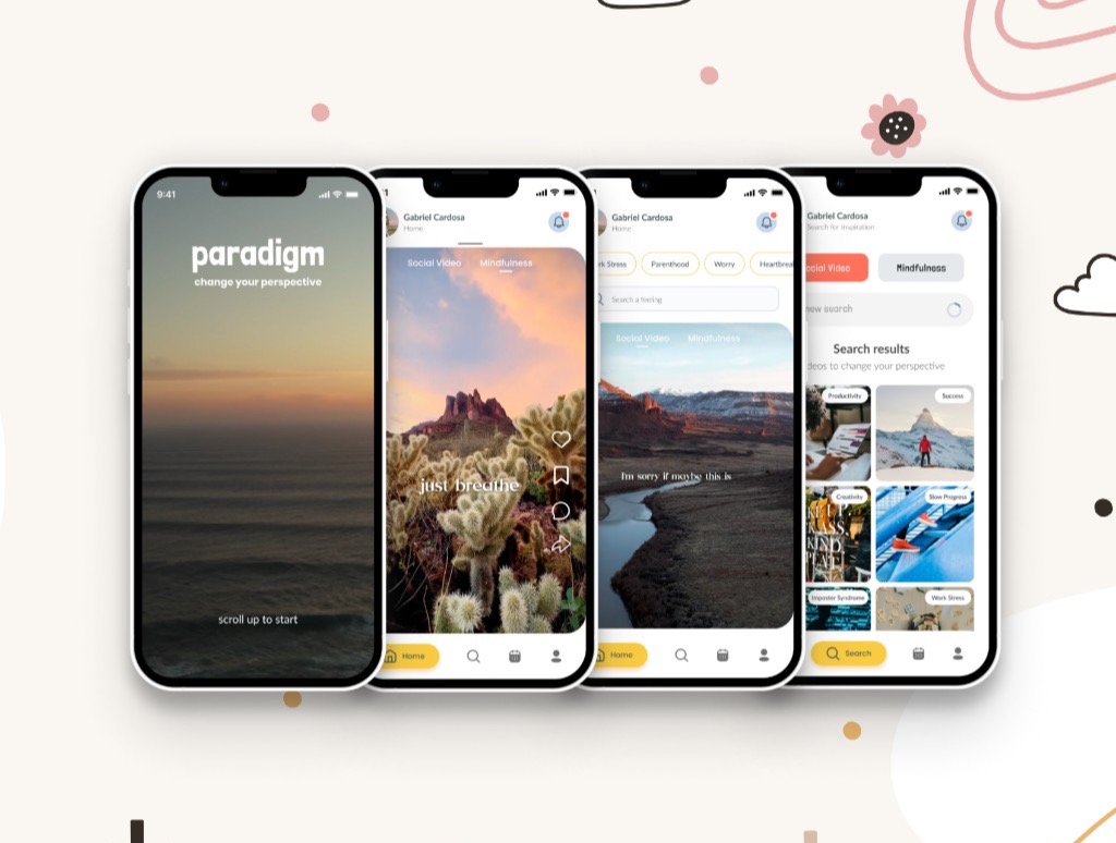 Paradigm — full product flow from splash screen through social feed, discovery, and search