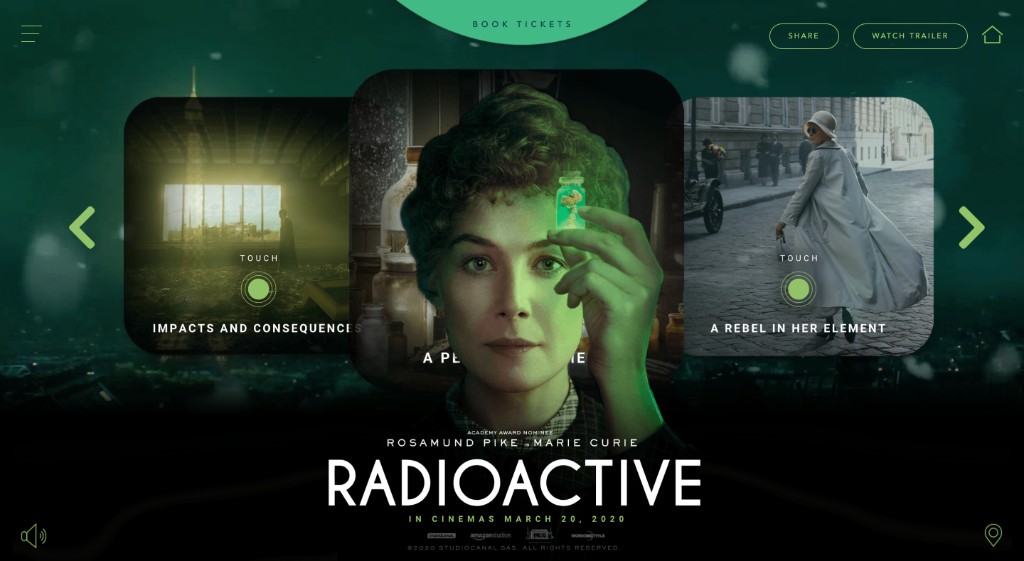 Radioactive promotional website homepage — interactive carousel with Pioneer, Genius, and Rebel storytelling cards