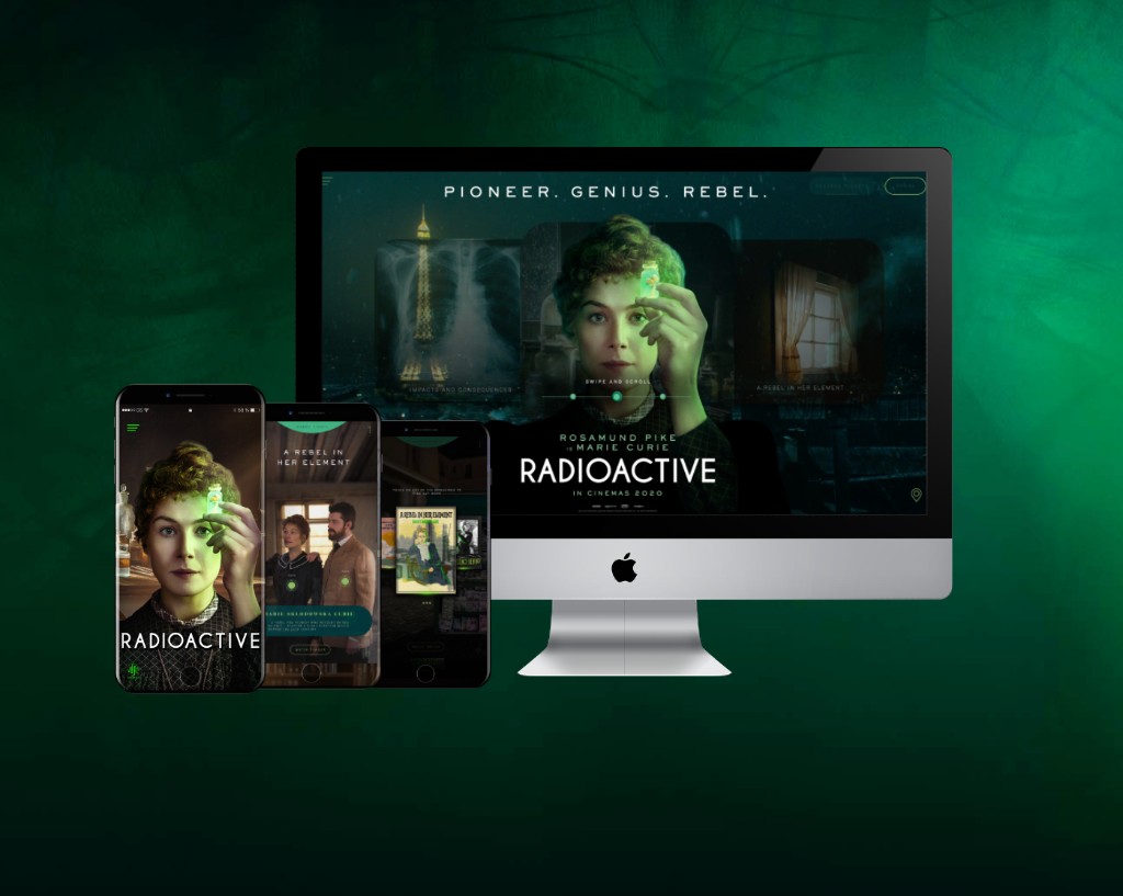 Radioactive high-fidelity prototype — desktop and mobile mockups showing homepage hero, character storytelling, and responsive campaign layouts