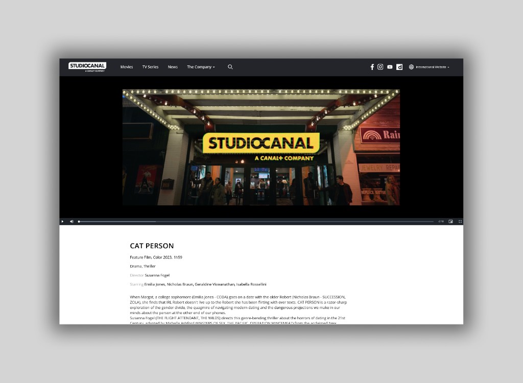 STUDIOCANAL title page — Cat Person film detail with trailer, metadata, and synopsis