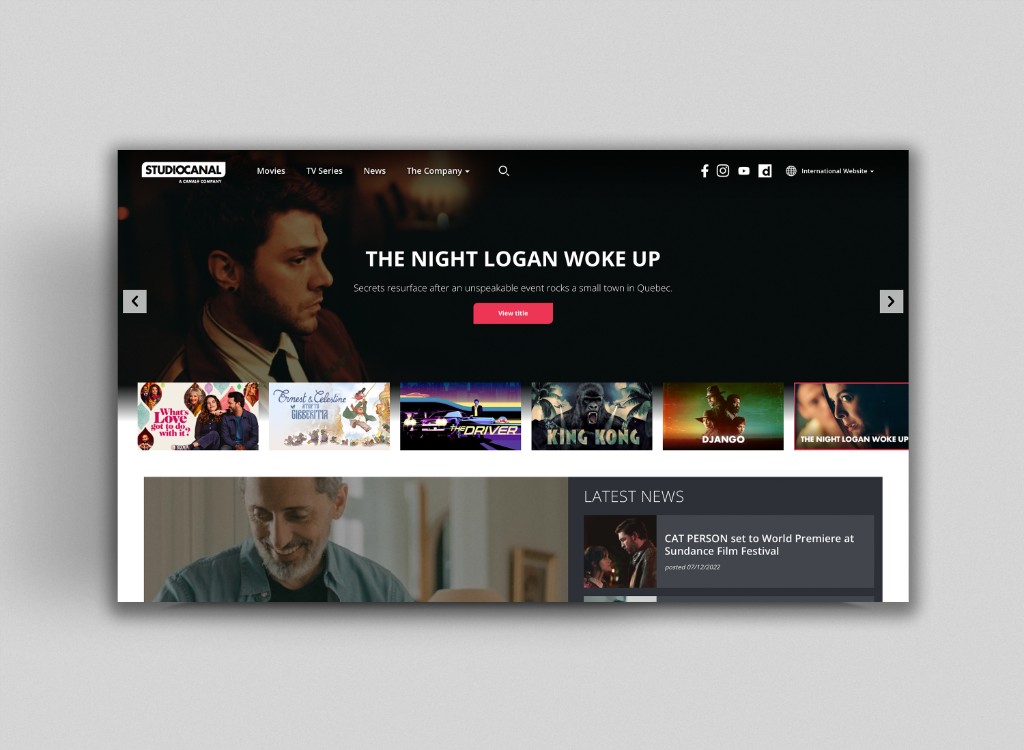 STUDIOCANAL homepage — cinematic hero for The Night Logan Woke Up with featured title carousel and latest news