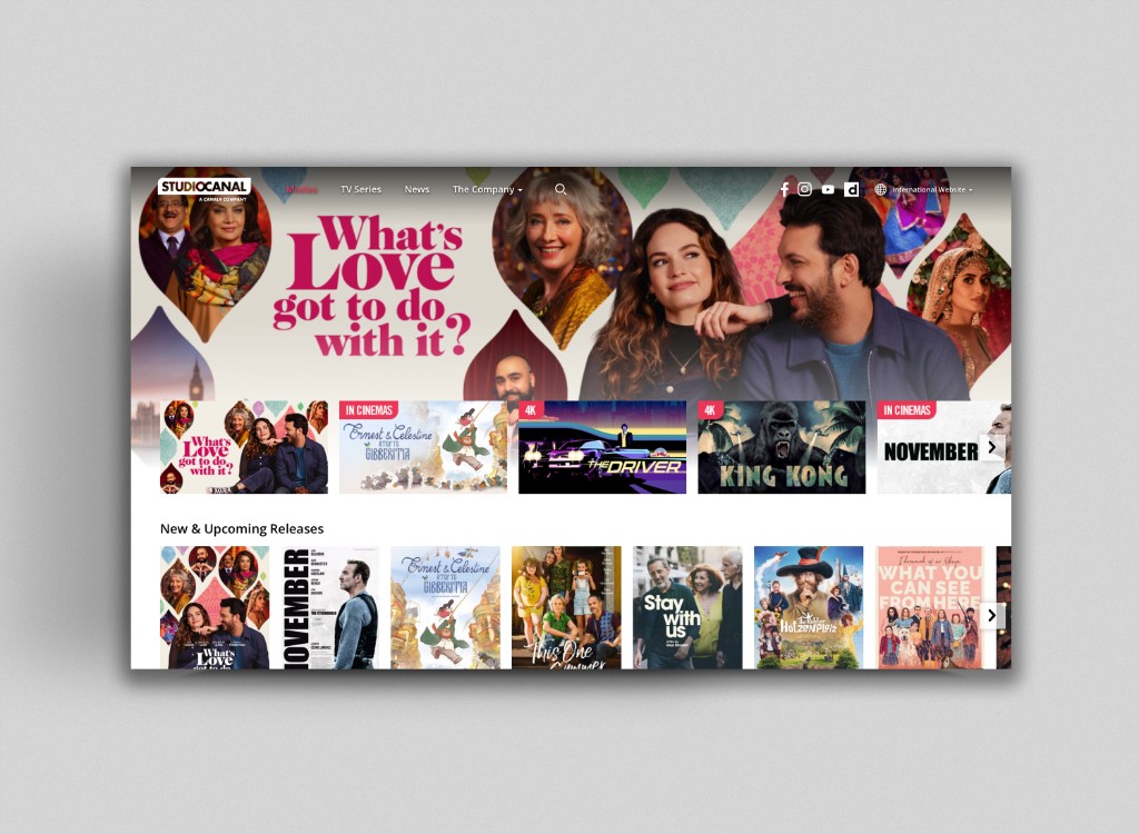 STUDIOCANAL Movies page — What&rsquo;s Love Got to Do with It? hero and featured release rails