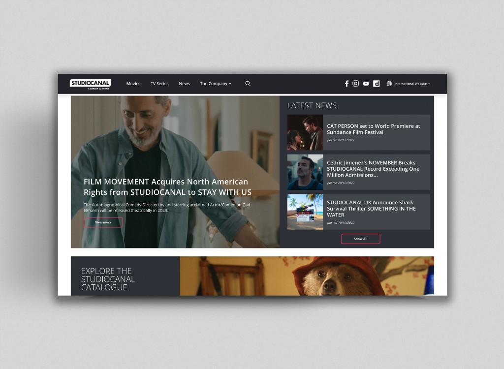 STUDIOCANAL homepage — latest news module and Explore the STUDIOCANAL Catalogue section